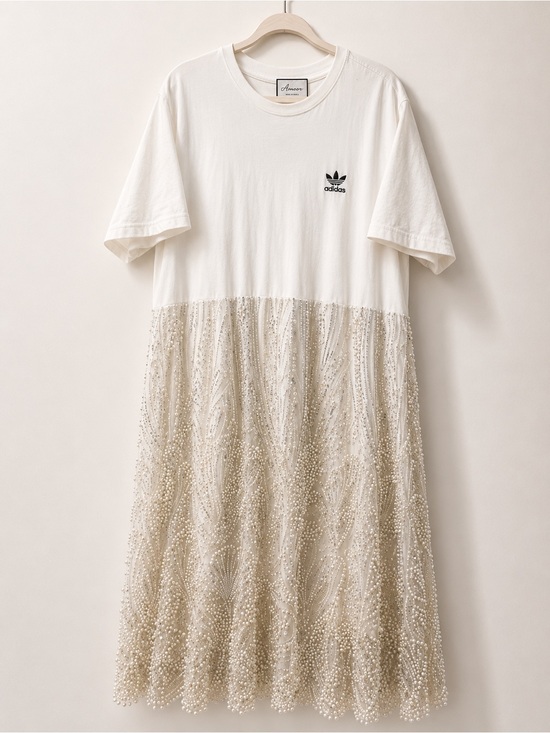 adidas Dresses & Skirts - adidas White Tee Dress with hand beaded Pearl-Embellished Skirt